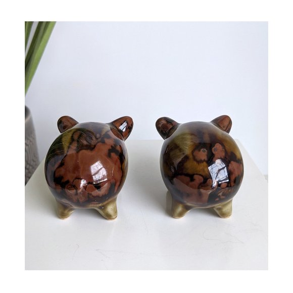 Vintage Ceramic Brown Flow Glaze Pigs Salt & Pepper Shakers Japan - Picture 5 of 6